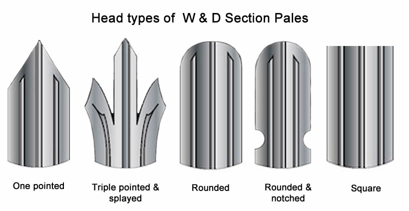 Five head types of W or D section pales include one pointed, triple pointed & splayed, rounded, round & notched and square tops
